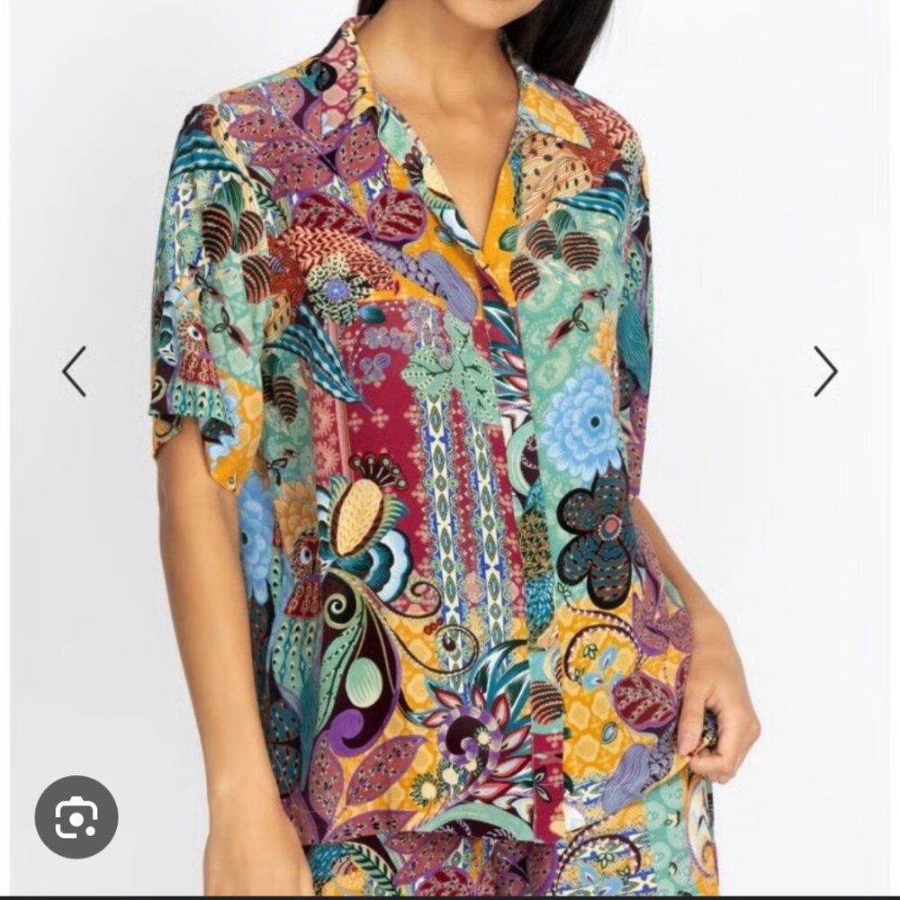 Johnny Was Silk Button Down Short Sleeve Shirt Small